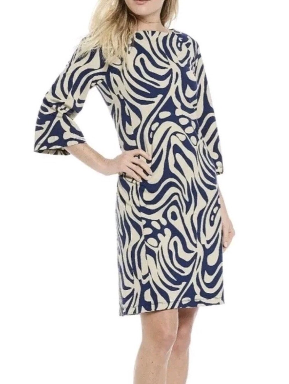 J. McLaughlin Campbell Women’s Navy and Cream Patterned  Dress Size M